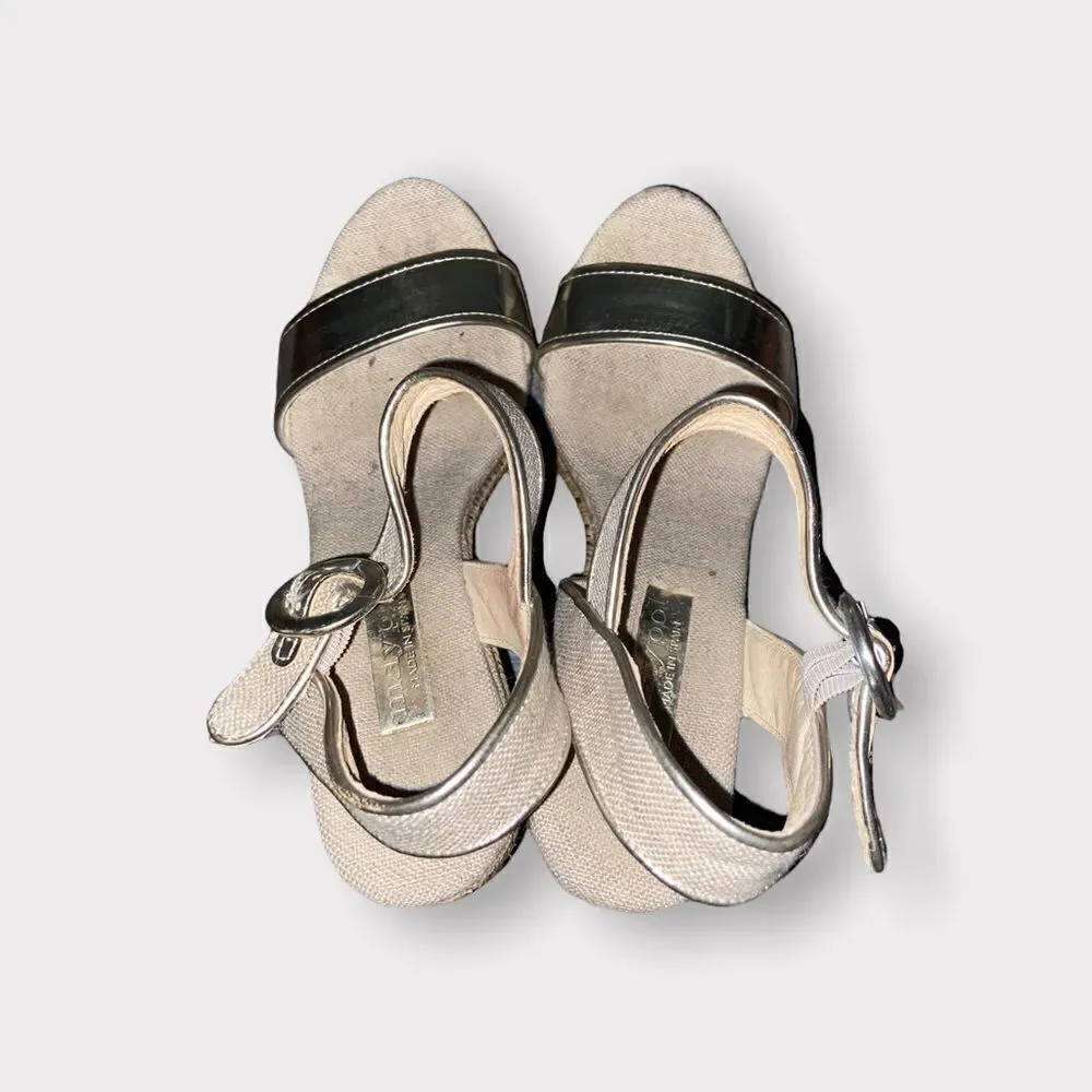 Maypol Gold Leather and Linen Espadrille Wedge Sandals Size 5.5